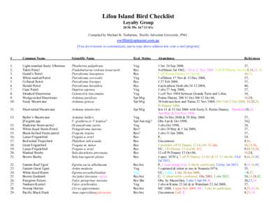 Lífou Island Bird Checklist Loyalty Group59s43e Compiled by Michael K. Tarburton, Pacific Adventist University, PNG. [You are welcome to communicate, just re-type above address into your e-mail program] #