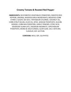Creamy Tomato & Roasted Red Pepper INGREDIENTS: DEHYDRATED VEGETABLES (TOMATOES, ROASTED RED PEPPERS, ONIONS), MODIFIED MILK INGREDIENTS, MODIFIED CORN STARCH, SUGAR, SEA SALT, POTASSIUM CHLORIDE, COCONUT OIL, CORN SYRUP