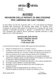 REGIONE AUTONOMA VALLE DʼAOSTA ASSESSORATO DELLA SANITÀ, SALUTE E POLITICHE SOCIALI AVVISO