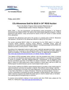 Regional Greenhouse Gas Initiative, Inc. 90 Church Street, 4th Floor New York, NY[removed]For Immediate Release  Contact: