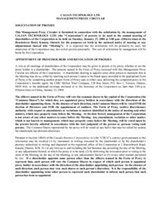 CALIAN TECHNOLOGY LTD. MANAGEMENT PROXY CIRCULAR SOLICITATION OF PROXIES This Management Proxy Circular is furnished in connection with the solicitation by the management of CALIAN TECHNOLOGY LTD. (the “Corporation”)