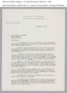 Letter from Fletcher Hodges, Jr., to Evelyn Morneweck, February 21, 1955 Foster Hall Collection, CAM.FHC[removed], Center for American Music, University of Pittsburgh. Letter from Fletcher Hodges, Jr., to Evelyn Mornewec