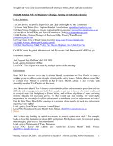 Drought Task Force-Local Government Outreach Meeting in Willits, Ukiah, and Lake Mendocino  Drought Related Asks for Regulatory changes, funding or technical assistance List of Speakers: 1.) Carre Brown, 1st District Sup