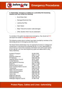 Emergency Procedures A “beforeUdig” emergency is defined as a potentially life threatening situation and may include the following: o Burst Water Main o Damaged Electricity Pole o Leaking Gas Pipe