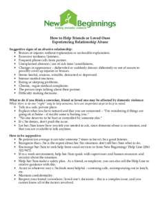 How to Help Friends or Loved Ones Experiencing Relationship Abuse Suggestive signs of an abusive relationship: ! Bruises or injuries without explanation or no feasible explanation. ! Excessive tardiness/lateness. ! Frequ