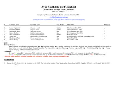 Avon South Isle Bird Checklist Chesterfield Group, New Caledonia51s14e Compiled by Michael K. Tarburton, Pacific Adventist University, PNG. [You are welcome to communicate, just re-type above address into 