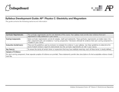 Syllabus Development Guide: AP® Physics C: Electricity and Magnetism The guide contains the following sections and information: Curricular Requirements  The curricular requirements are the core elements of the course. Y