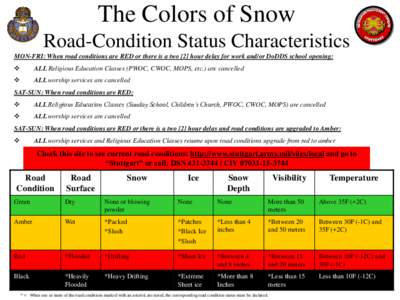 The Colors of Snow Road-Condition Status Characteristics MON-FRI: When road conditions are RED or there is a two [2] hour delay for work and/or DoDDS school opening:   ALL Religious Education Classes (PWOC, CWOC, MOPS