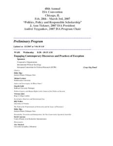 48th Annual ISA Convention Chicago, IL Feb. 28th - March 3rd, 2007 “Politics, Policy and Responsible Scholarship” J. Ann Tickner, 2007 ISA President