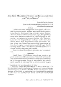 The Kind Membership Theory of Reference Fixing for Proper Names* Eduardo García-Ramírez Instituto de Investigaciones Filosóficas, UNAM [removed] Abstract