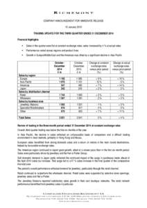 COMPANY ANNOUNCEMENT FOR IMMEDIATE RELEASE 15 January 2015 TRADING UPDATE FOR THE THIRD QUARTER ENDED 31 DECEMBER 2014 Financial highlights 