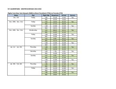 FLY LAURENTIANS - WINTER SCHEDULE[removed]Flights from New York-Newark (EWR) to Mont-Tremblant (YTM) via Toronto (YTZ) Dates Day Flight Nbr Departure Arrival