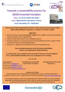 Towards a sustainability process for GEOSS Essential Variables Dates: 11-12 June 2015, Bari (Italy) Place: Dipartimento Interateneo di Fisica Via G. AmendolaBari The European H2020 ConnectinGEO (H2020-SC5-20