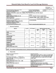 Material Safety Data Sheet for Lead Acid Storage Batteries Date Issued January 01, 2013 Chemical/Trade Name (identity used on label)  Chemical Family/Classification