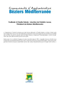 Communauté d’Agglomération  Béziers Méditerranée Fusillade à Charlie Hebdo : réaction de Frédéric Lacas, Président de Béziers Méditerranée