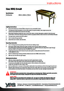 Instructions Gas BBQ Small Specifications: Cooking area: 	  250mm x 590mm x 700mm