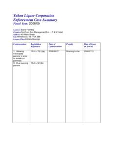 Yukon Liquor Corporation Enforcement Case Summary Fiscal Year: [removed]Licensee Barre Fleming Premises Northern Sun Management Ltd. – T & M Hotel Address 401 Main Street