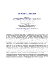 TUBERCULOSIS 2003 Cases = 143 Crude Incidence Rate per 100,000 population = 2.3 (U.S., 2002 = 5.2) Race and Ethnicity-specific Incidence Rates per 100,000 population White, not Hispanic or Latino = 1.0 Black or African-A