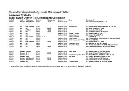 Eisteddfod Genedlaethol yr Urdd Meirionnydd 2014 Amserlen Cystadlu Ysgol Gyfun Dyffryn Teifi, Rhanbarth Ceredigion