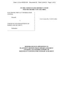 Case 1:12-cvGK Document 62 FiledPage 1 of 21  IN THE UNITED STATES DISTRICT COURT FOR THE DISTRICT OF COLUMBIA ELECTRONIC PRIVACY INFORMATION CENTER,