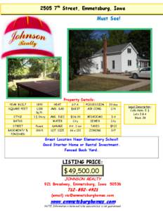 2505 7th Street, Emmetsburg, Iowa Must See! Property Details: YEAR BUILT
