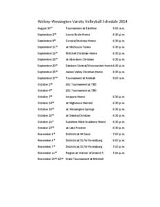 Wolsey-Wessington Varsity Volleyball Schedule 2014 August 30th Tournament at Estelline  9:00 a.m.