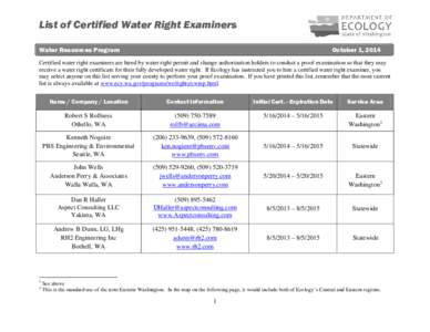 List of Certified Water Right Examiners Water Resources Program October 1, 2014  Certified water right examiners are hired by water right permit and change authorization holders to conduct a proof examination so that the