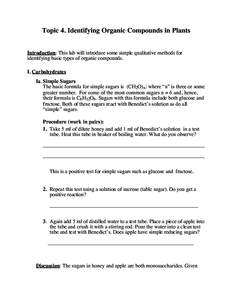 Topic 4. Identifying Organic Compounds in Plants Introduction: This lab will introduce some simple qualitative methods for identifying basic types of organic compounds. I. Carbohydrates Ia. Simple Sugars The basic formul