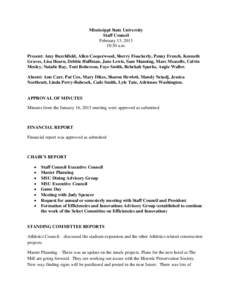 Mississippi State University Staff Council February 13, [removed]:30 a.m. Present: Amy Burchfield, Allen Cooperwood, Sherry Fisackerly, Penny French, Kenneth Graves, Lisa Hearn, Debbie Huffman, Jane Lewis, Sam Manning, Mar