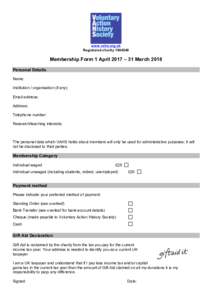    www.vahs.org.uk Registered charityMembership Form 1 April 2017 – 31 March 2018