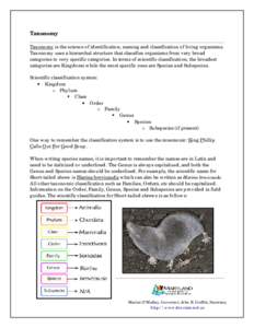 Taxonomy Taxonomy is the science of identification, naming and classification of living organisms. Taxonomy uses a hierarchal structure that classifies organisms from very broad categories to very specific categories. In