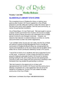 Microsoft Word - GLADESVILLE LIBRARY STAYS OPEN.doc