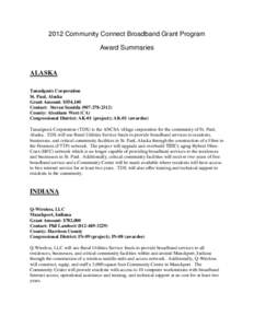 2012 Community Connect Broadband Grant Program Award Summaries ALASKA Tanadgusix Corporation St. Paul, Alaska