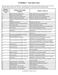 PA PROMISe ™ Claim Region Codes Claims processed via Pennsylvania PROMISe ™ are assigned a 13-digit Internal Control Number (ICN) upon receipt. The first two digits of the ICN are the region code. This code is used b