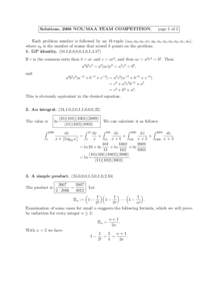 Solutions, 2006 NCS/MAA TEAM COMPETITION,  page 1 of 5 Each problem number is followed by an 11-tuple (a10 , a9 , a8 , a7 , a6 , a5 , a4 , a3 , a2 , a1 , a0 ), where ak is the number of teams that scored k points on the 