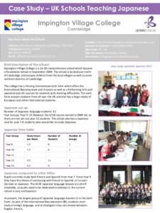 Case Study – UK Schools Teaching Japanese Impington Village College Cambridge Key Facts about the School: Address: New Road, Impington, Cambridge, CB24 9LX Telephone: [removed]