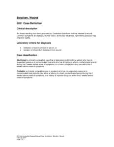 Botulism, Wound 2011 Case Definition Clinical description An illness resulting from toxin produced by Clostridium botulinum that has infected a wound. Common symptoms are diplopia, blurred vision, and bulbar weakness. Sy