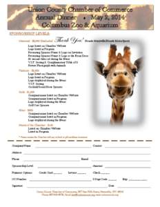 Union County Chamber of Commerce Annual Dinner  May 2, 2014 Columbus Zoo & Aquarium SPONSORSHIP LEVELS: Diamond - $3,000 (Exclusive)