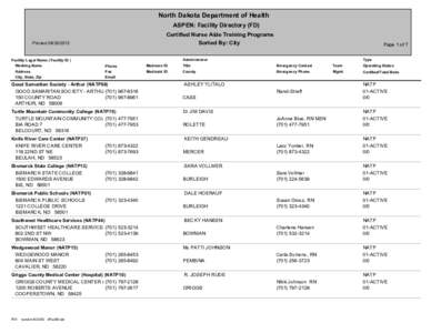 North Dakota Department of Health ASPEN: Facility Directory (FD) Certified Nurse Aide Training Programs Sorted By: City  Printed[removed]