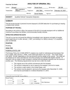 ANALYSIS OF ORIGINAL BILL  Franchise Tax Board Margett See Legislative