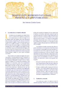 TRADUCCIÓN: REPRESENTATIVIDAD, PRESENCIA Y DISPONIBILIDAD. José Antonio Cordón García 1.