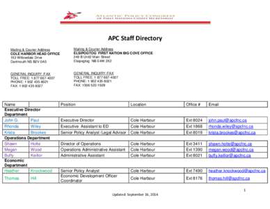 APC Staff Directory Mailing & Courier Address COLE HARBOR HEAD OFFICE 153 Willowdale Drive Dartmouth NS B2V 0A5