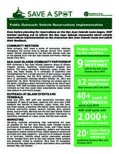 Public Outreach: Vehicle Reservations Implementation Even before planning for reservations on the San Juan Islands route began, WSF started reaching out to inform the San Juan Islands community about vehicle reservations