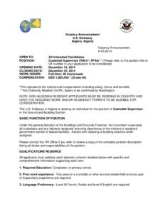 Vacancy Announcement U.S. Embassy Algiers, Algeria Vacancy Announcement # [removed]OPEN TO: