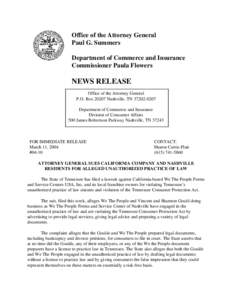 Office of the Attorney General Paul G. Summers Department of Commerce and Insurance Commissioner Paula Flowers  NEWS RELEASE