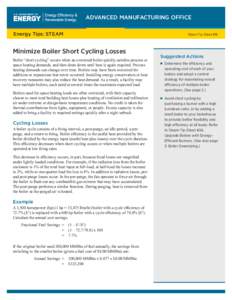 ADVANCED MANUFACTURING OFFICE Energy Tips: STEAM Minimize Boiler Short Cycling Losses Boiler “short cycling” occurs when an oversized boiler quickly satisfies process or space heating demands, and then shuts down unt