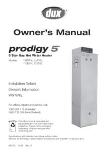 Owner’s Manual 5 Star Gas Hot Water Heater Models: 135D5N, 135D5L,