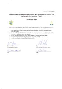 Annexed to Bounty Bible  Memorandum of Understanding between the Government of Pitcairn and the Seventh-Day Adventist Church The Bounty Bible