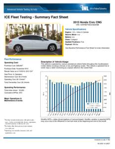 ICE Fleet Testing - Summary Fact Sheet 2013 Honda Civic CNG VIN: 19XFB5F55CE002486 Vehicle Specifications Engine: 1.8 L, Inline 4-Cylinder