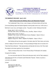 CONFEDERATED TRIBES OF COOS, LOWER UMPQUA AND SIUSLAW INDIANS TRIBAL GOVERNMENT OFFICES 1245 Fulton Ave. • Coos Bay, OR 97420 • ([removed] • [removed]General Office Fax: ([removed] • Administration F